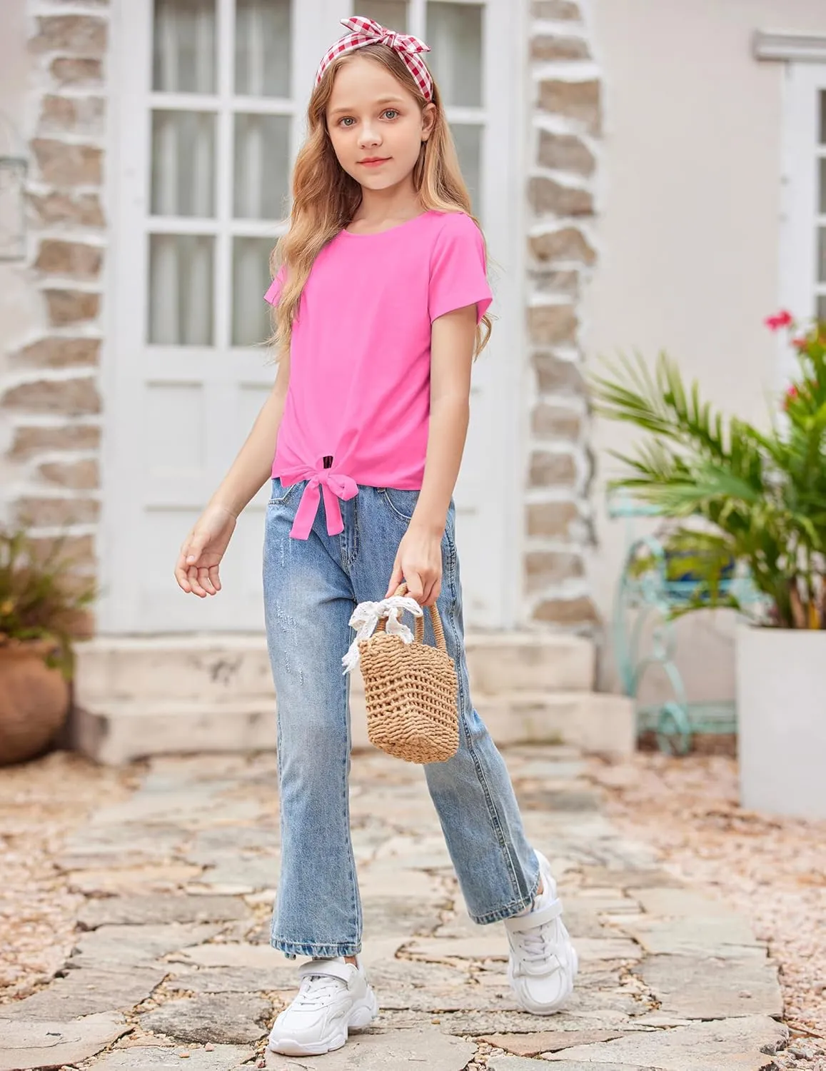 Arshiner Girls Short Sleeve Shirts Tie Knot Front Tops T Shirts for Kids Crewneck Cute Casual Tie Dye Tee Blouse