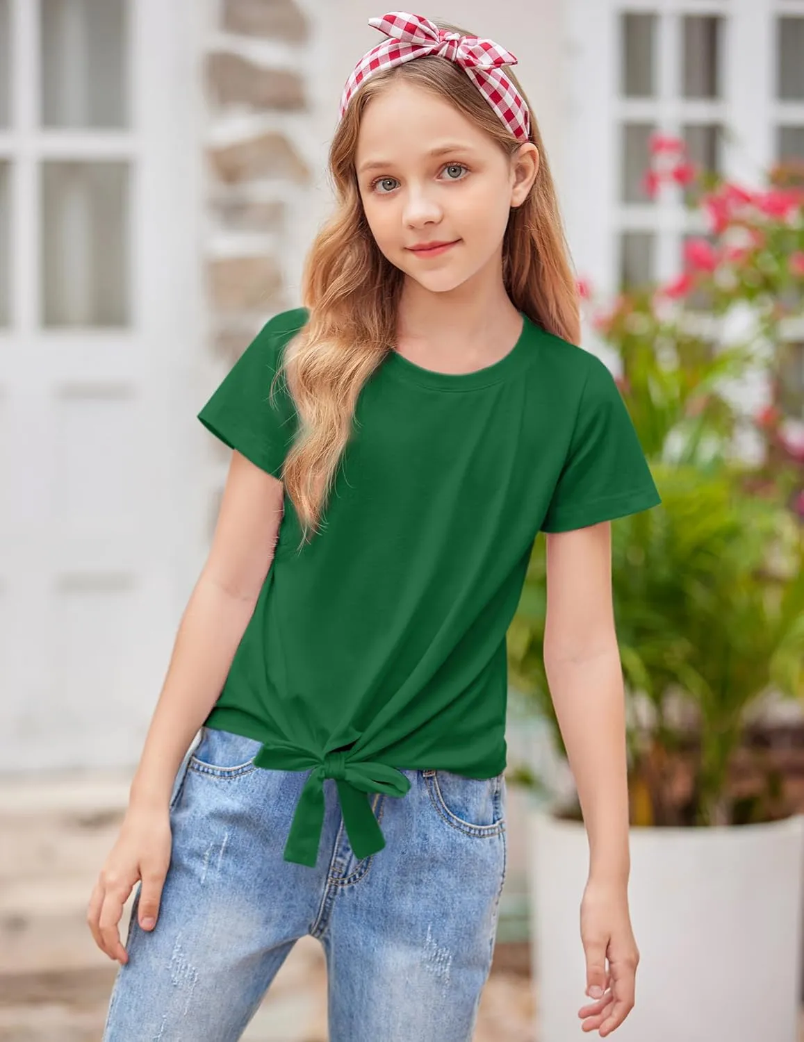 Arshiner Girls Short Sleeve Shirts Tie Knot Front Tops T Shirts for Kids Crewneck Cute Casual Tie Dye Tee Blouse