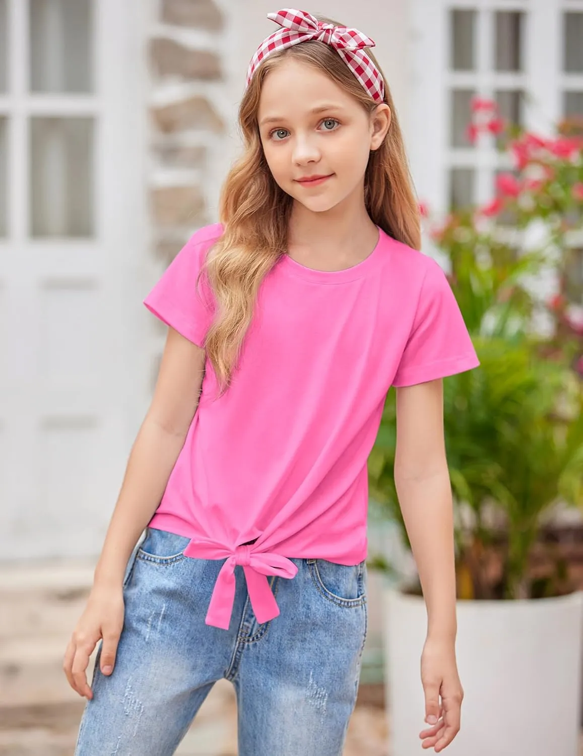 Arshiner Girls Short Sleeve Shirts Tie Knot Front Tops T Shirts for Kids Crewneck Cute Casual Tie Dye Tee Blouse