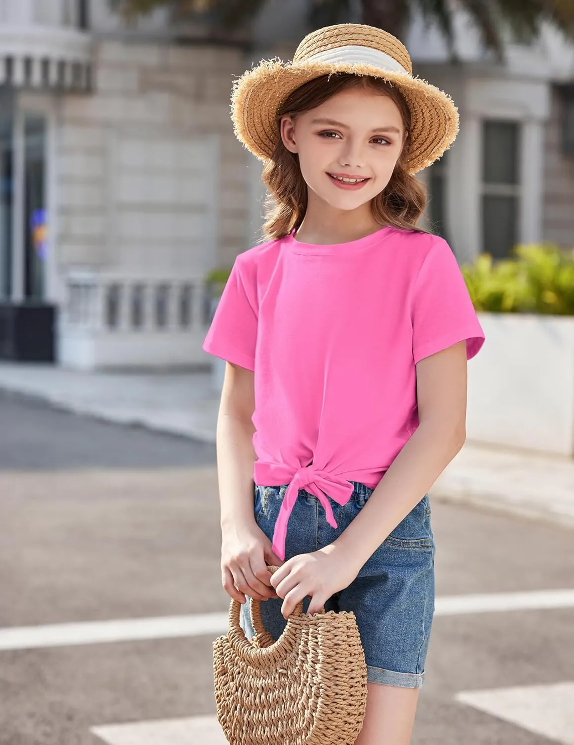 Arshiner Girls Short Sleeve Shirts Tie Knot Front Tops T Shirts for Kids Crewneck Cute Casual Tie Dye Tee Blouse