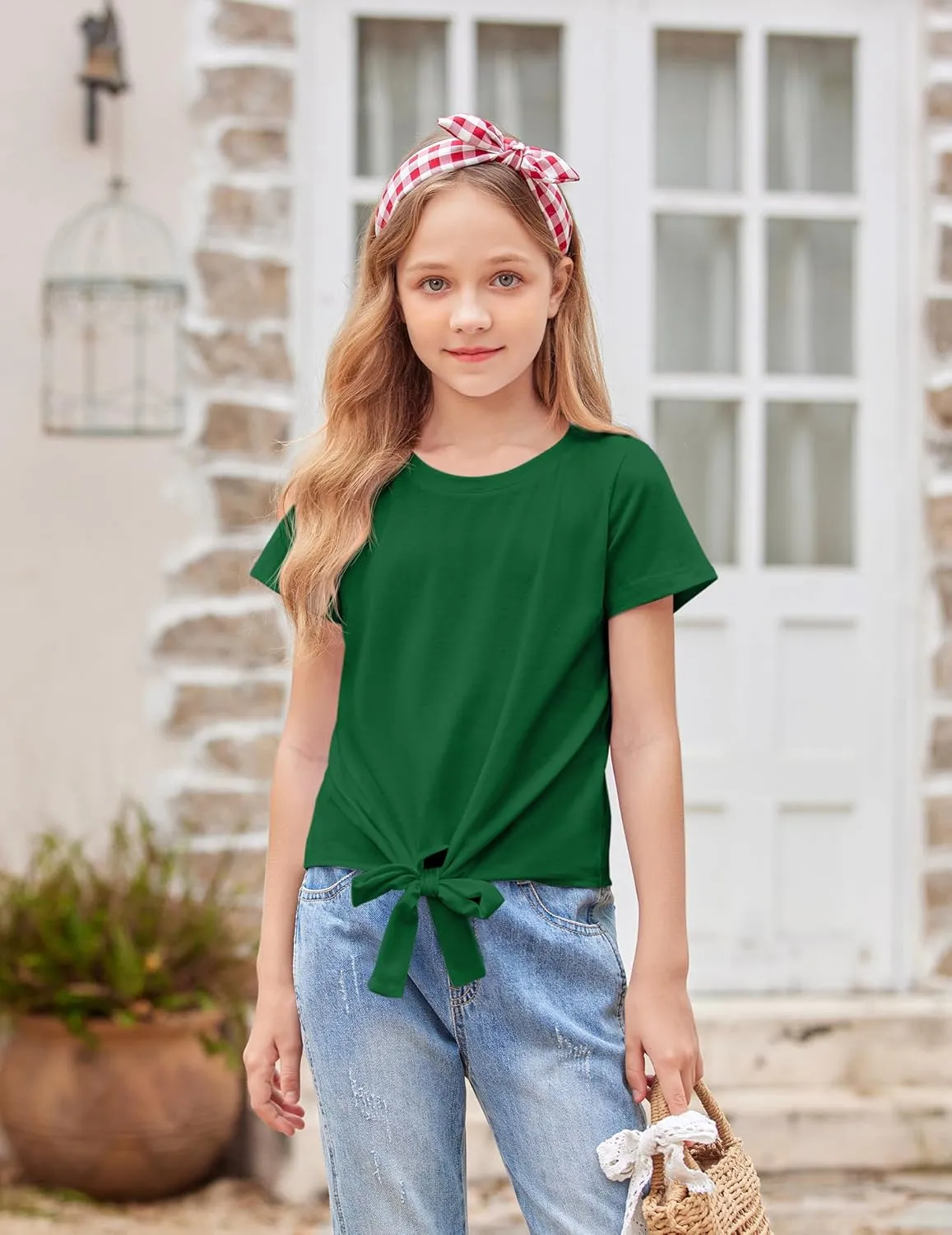 Arshiner Girls Short Sleeve Shirts Tie Knot Front Tops T Shirts for Kids Crewneck Cute Casual Tie Dye Tee Blouse