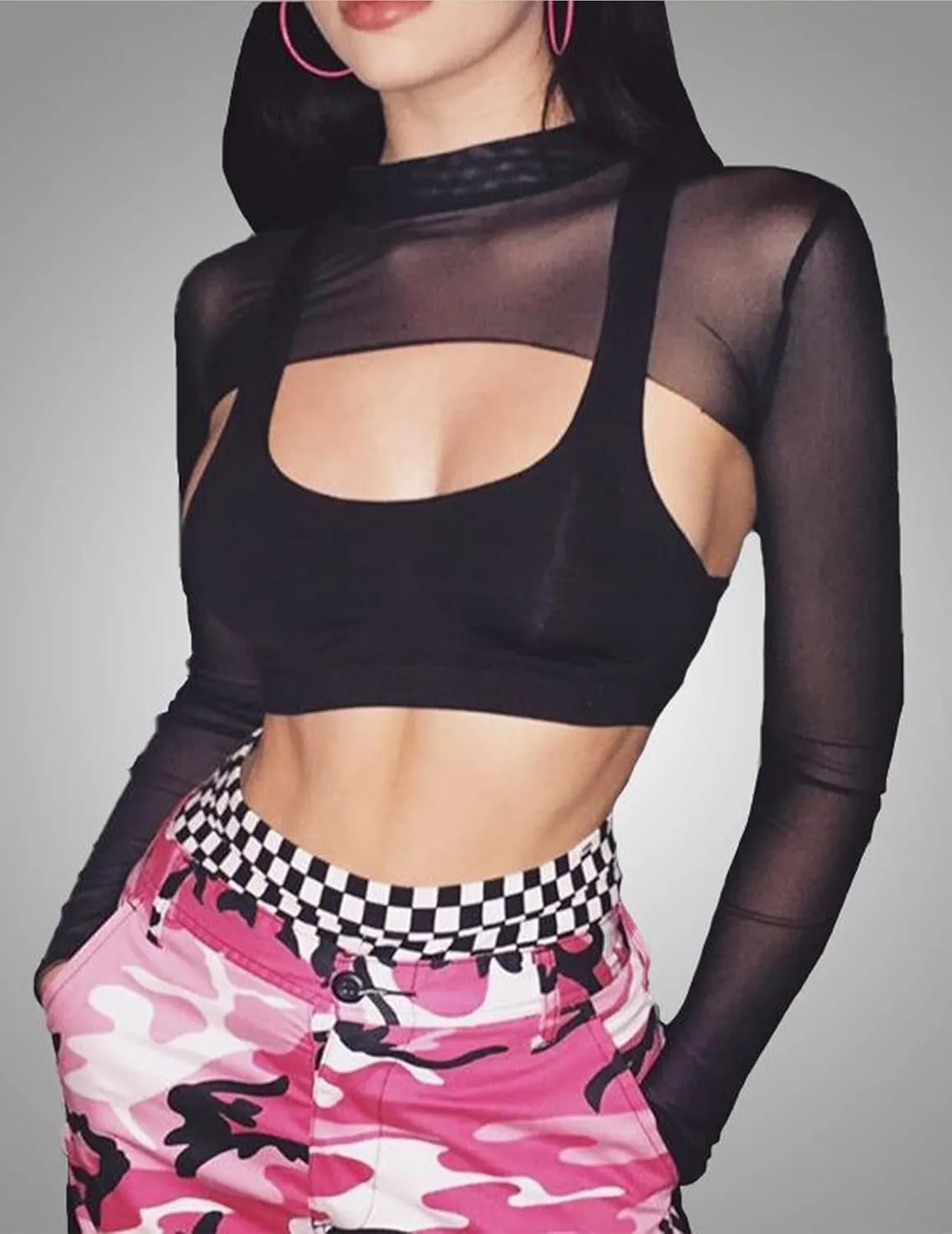 Avidlove Mesh Crop Tops for Women Mock Neck Long Sleeve Crop Top See Through Shirt Top Sexy Clubwear