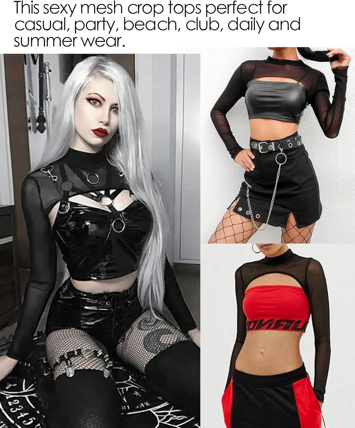 Avidlove Mesh Crop Tops for Women Mock Neck Long Sleeve Crop Top See Through Shirt Top Sexy Clubwear