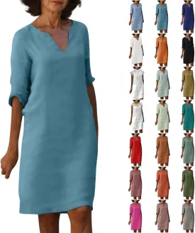 BAXLIMEK Cotton Linen Dresses for Women,2025 Spring Summer Casual V Neck 3/4 Sleeve Midi Dress,Elegant Plain Beach Dress