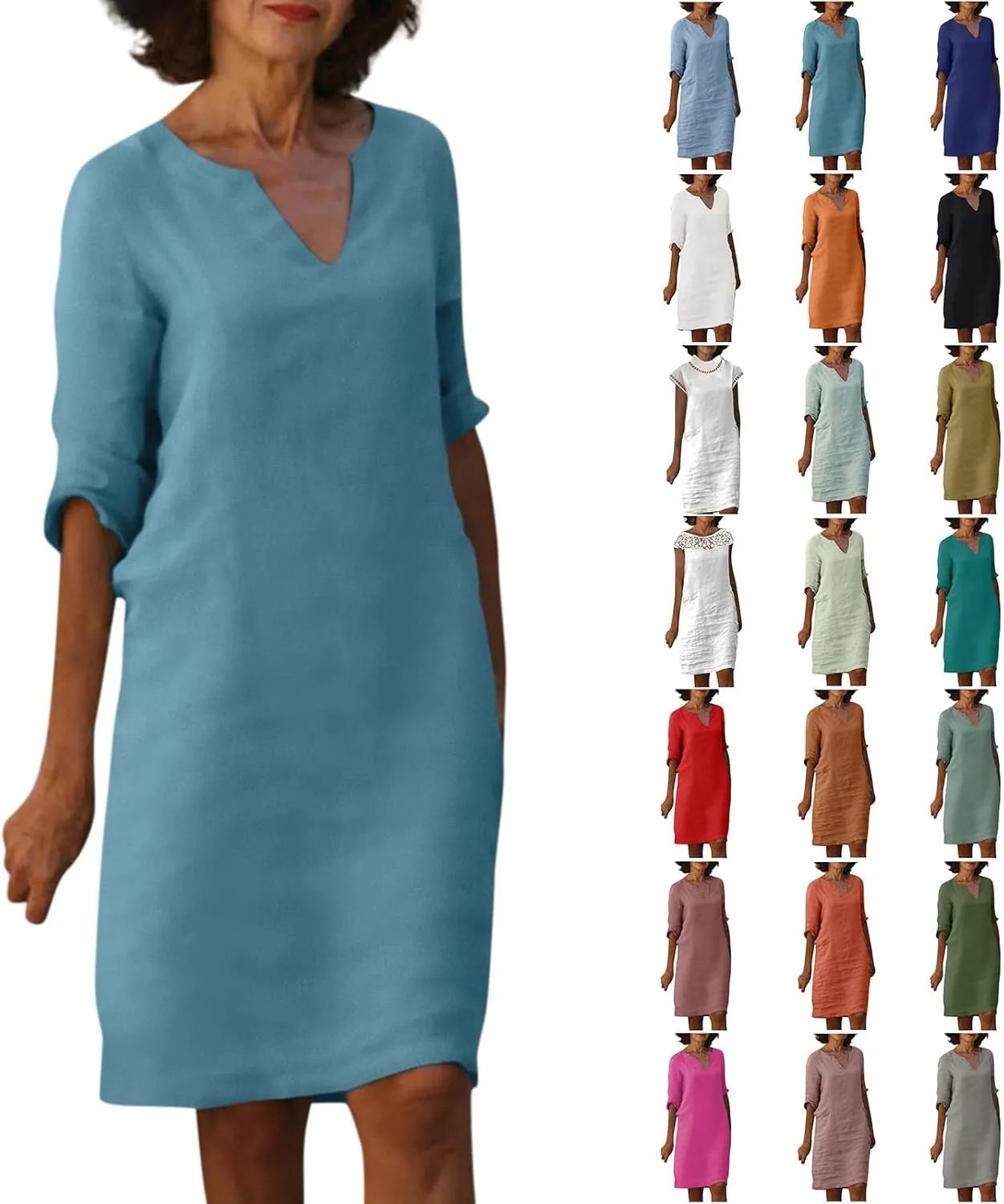 BAXLIMEK Cotton Linen Dresses for Women,2025 Spring Summer Casual V Neck 3/4 Sleeve Midi Dress,Elegant Plain Beach Dress