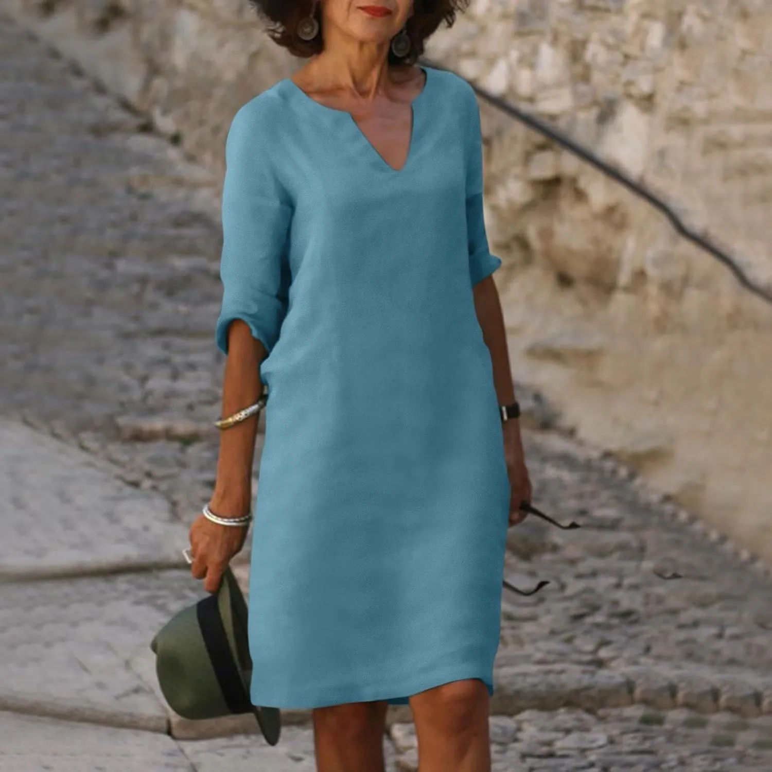 BAXLIMEK Cotton Linen Dresses for Women,2025 Spring Summer Casual V Neck 3/4 Sleeve Midi Dress,Elegant Plain Beach Dress
