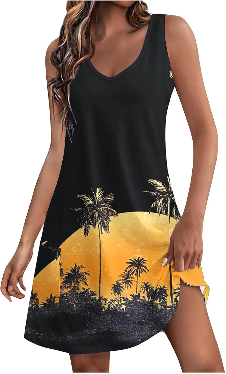 Beach Dresses Womens 2025 Vacation Sundress Summer Casual Boho Print Dress Sleeveless Crewneck Loose Short Tank Dress