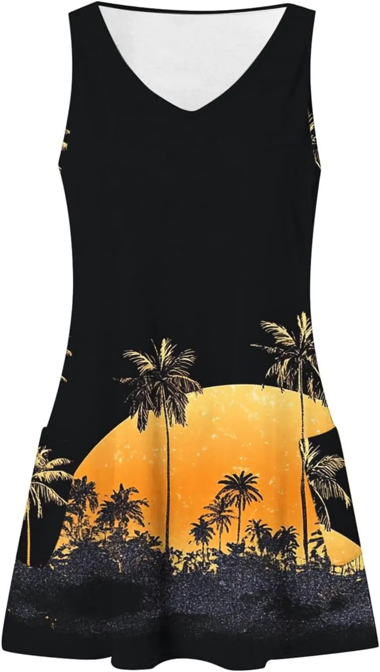 Beach Dresses Womens 2025 Vacation Sundress Summer Casual Boho Print Dress Sleeveless Crewneck Loose Short Tank Dress