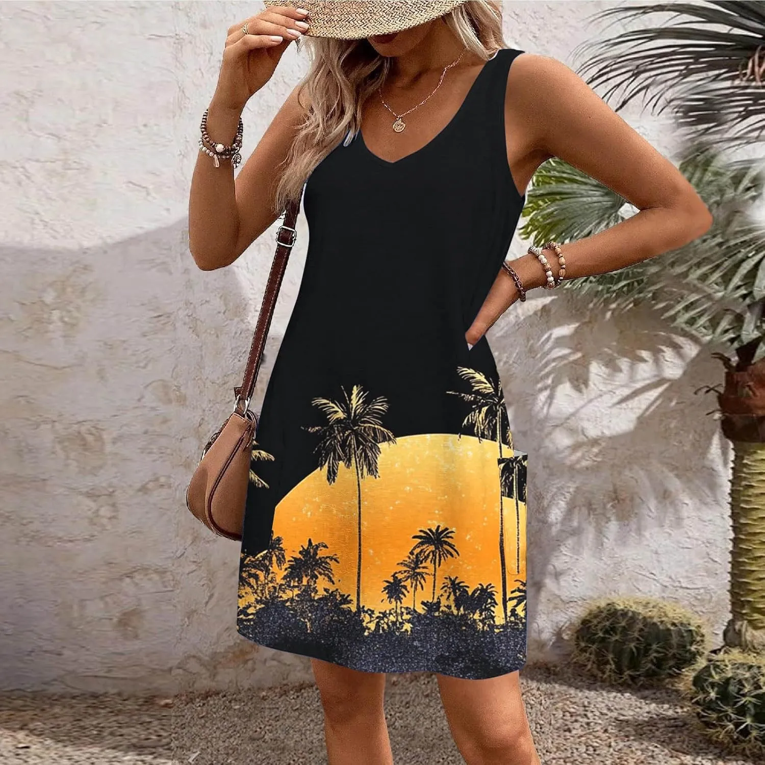 Beach Dresses Womens 2025 Vacation Sundress Summer Casual Boho Print Dress Sleeveless Crewneck Loose Short Tank Dress