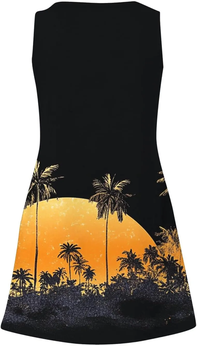 Beach Dresses Womens 2025 Vacation Sundress Summer Casual Boho Print Dress Sleeveless Crewneck Loose Short Tank Dress