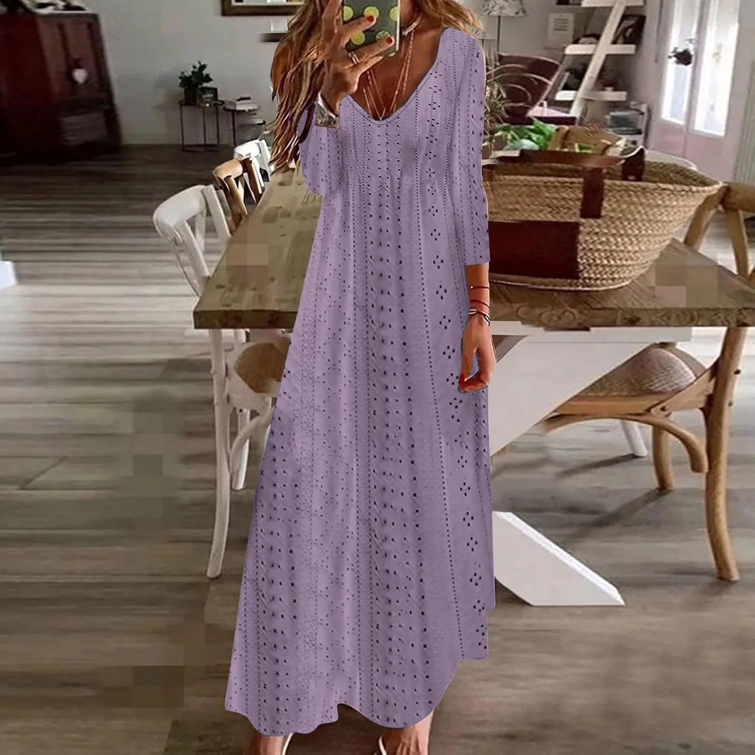 Boho Dresses for Women 2024 Fashion Long Sleeve Dress Fall Floral Aline V Neck Dress Flowy Swing Loose Dresses