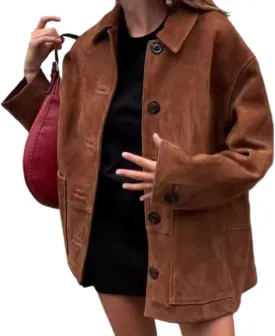 Button Down Suede Jacket Women Y2k Streetwear Oversized Coat Faux Leather Bomber Jacket Fall Fashion 2024 Winter