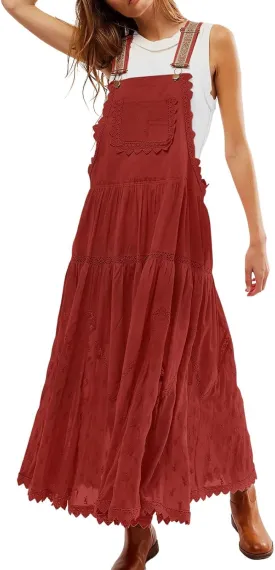 CHARTOU Women Bib Overall Dress Jumper Babydoll Pinafore Dress Embroidered Lace Maternity Straps Suspender Dress