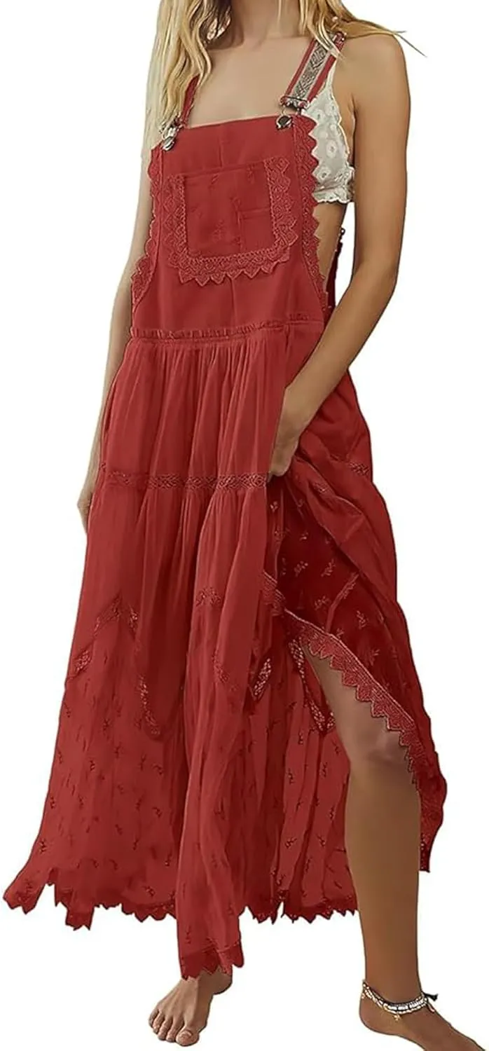 CHARTOU Women Bib Overall Dress Jumper Babydoll Pinafore Dress Embroidered Lace Maternity Straps Suspender Dress