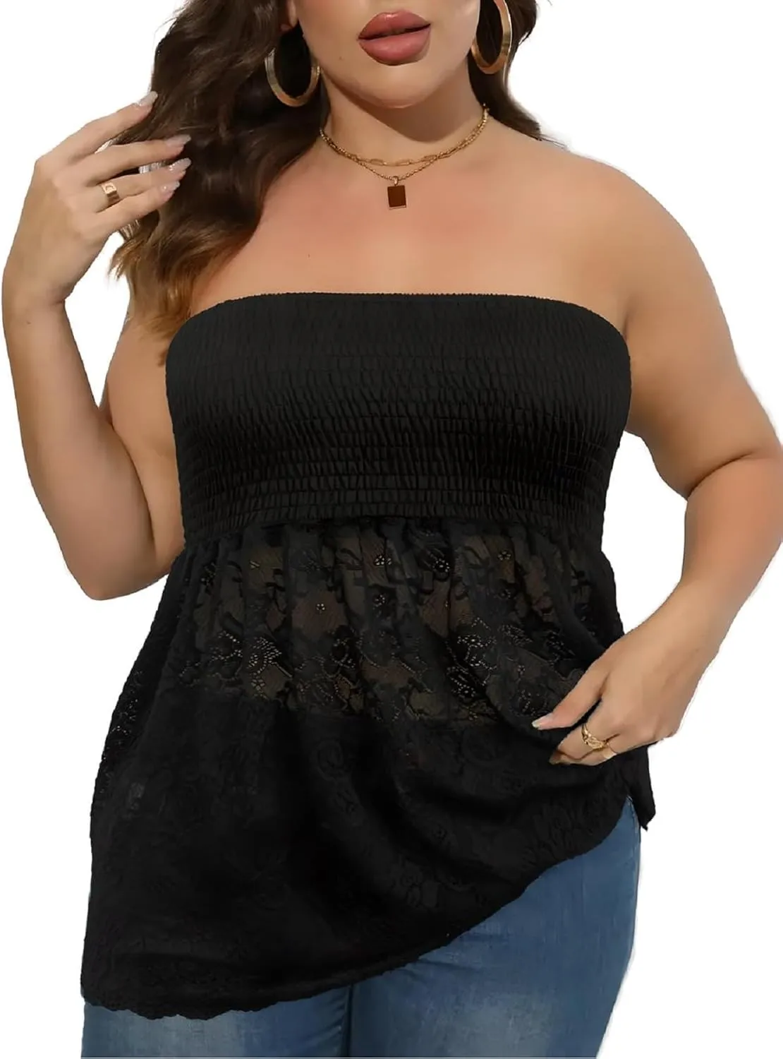 Comeon Women Plus Size Tube Top Summer Casual Strapless Pleated Blouse Beach Off Shoulder Tunic Top