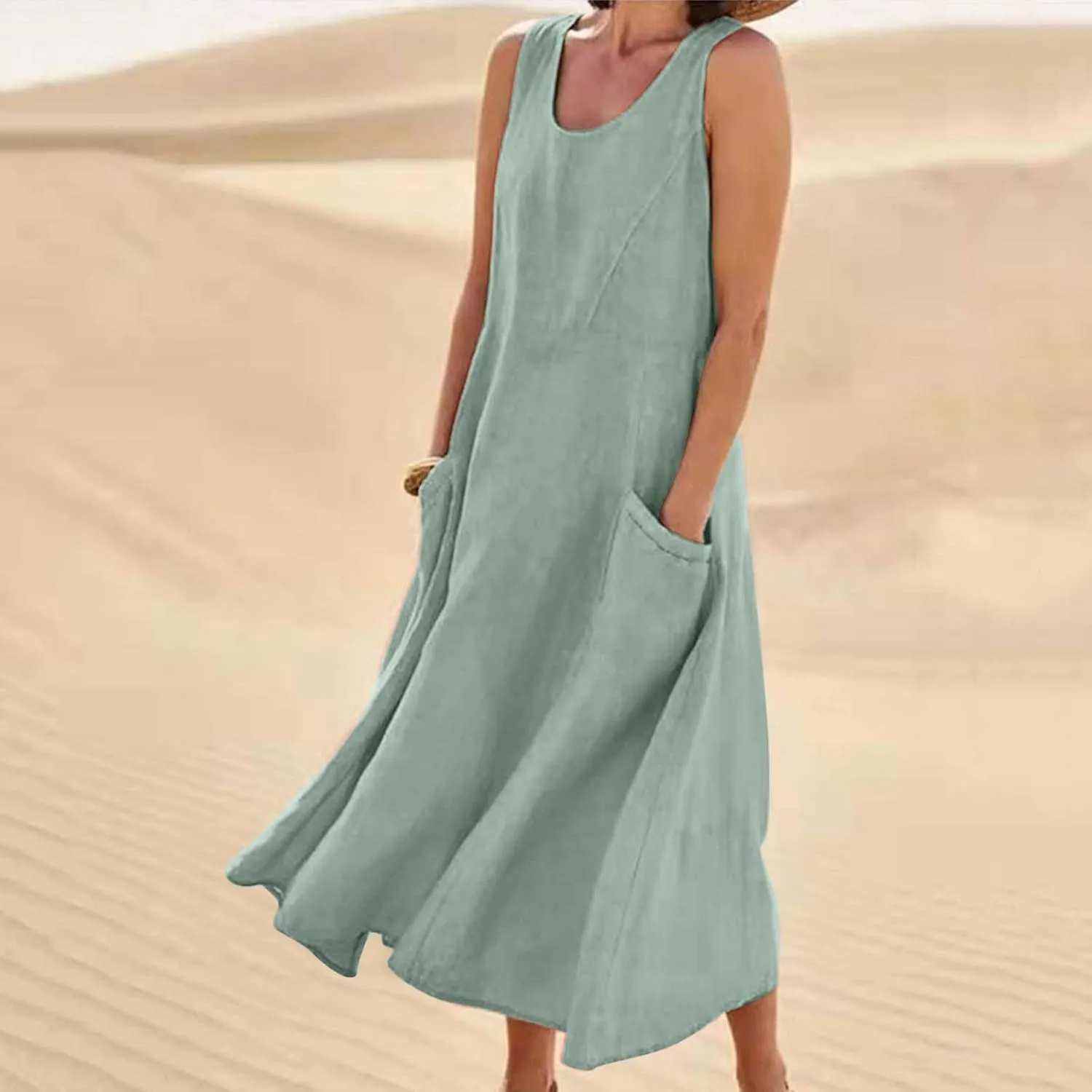 Cotton Linen Maxi Dress Women's 2025 Summer Boho Casual Beach Dresses Sleeveless Solid Long Sundress Vacation Outfits