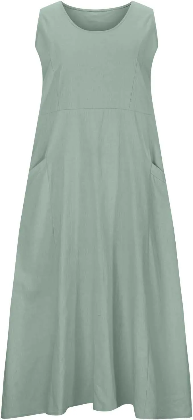 Cotton Linen Maxi Dress Women's 2025 Summer Boho Casual Beach Dresses Sleeveless Solid Long Sundress Vacation Outfits
