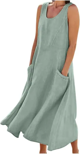 Cotton Linen Maxi Dress Women's 2025 Summer Boho Casual Beach Dresses Sleeveless Solid Long Sundress Vacation Outfits