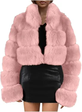 Cropped Puffy Teddy Jacket for Women Fluffy Faux Fur Coat Winter Warm Fuzzy Outerwear Long Sleeve Parka Coat