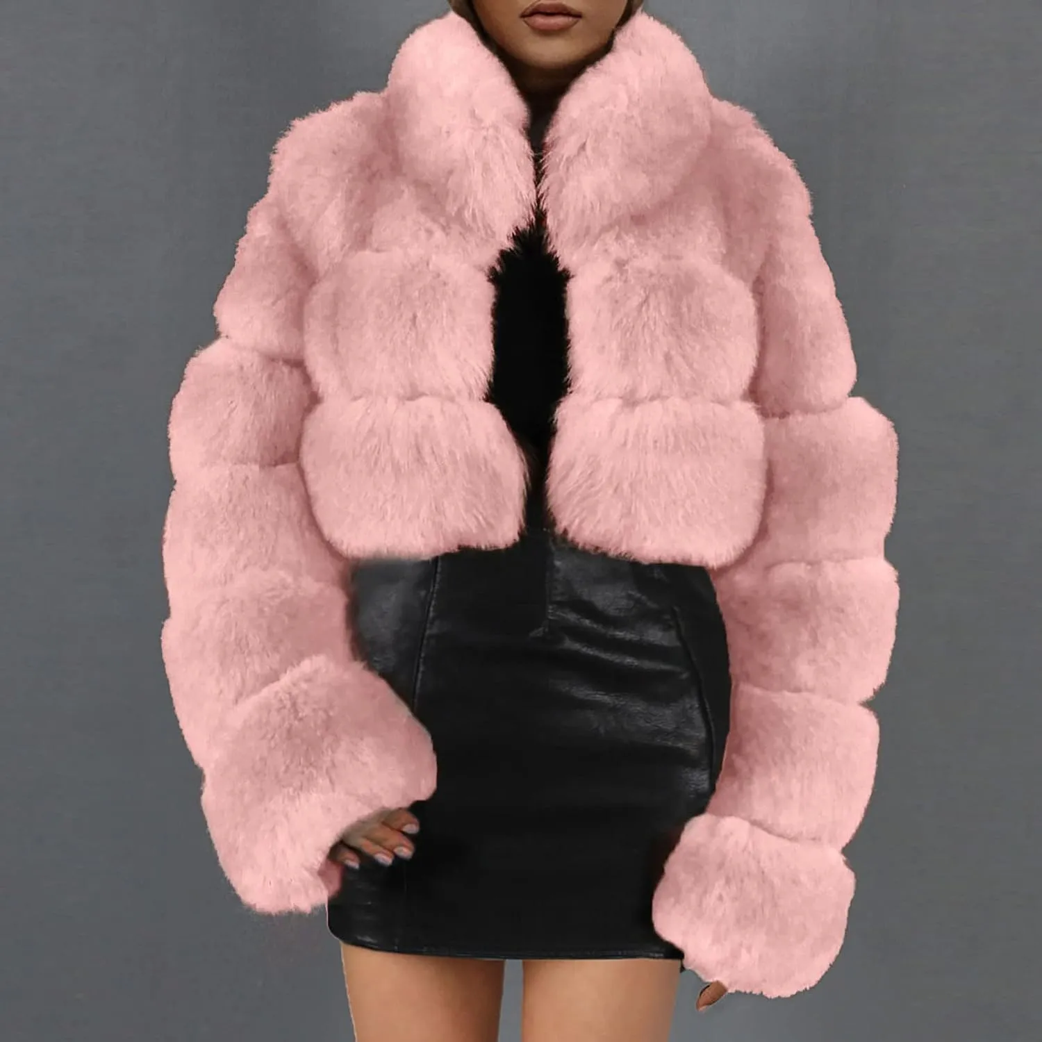 Cropped Puffy Teddy Jacket for Women Fluffy Faux Fur Coat Winter Warm Fuzzy Outerwear Long Sleeve Parka Coat