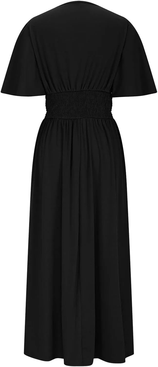 Elegant Dresses for Women Summer Casual Short Sleeve Ruched Wrap V Neck Empired Waist Pleated Side Split Midi Dresses