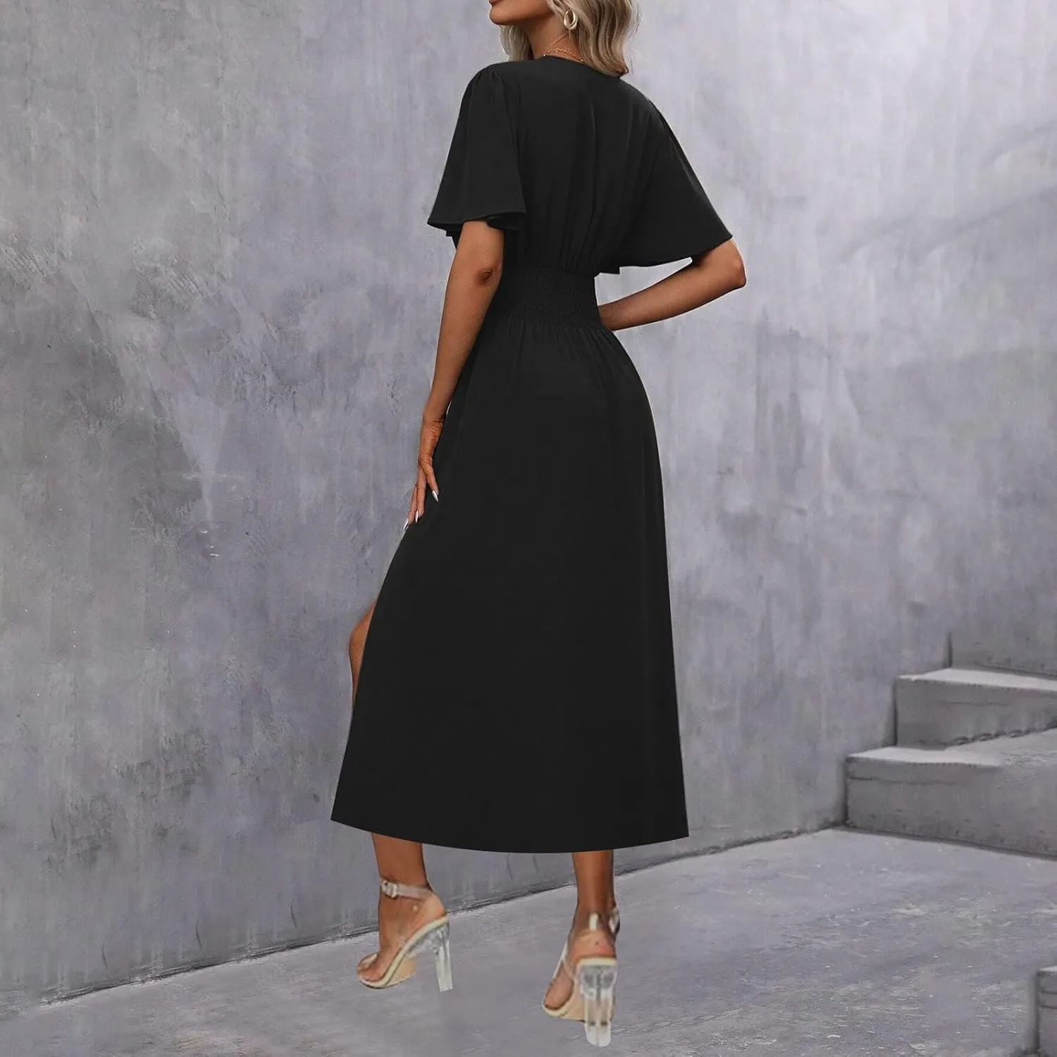 Elegant Dresses for Women Summer Casual Short Sleeve Ruched Wrap V Neck Empired Waist Pleated Side Split Midi Dresses