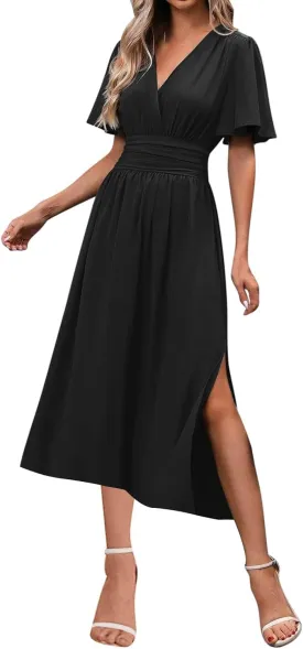 Elegant Dresses for Women Summer Casual Short Sleeve Ruched Wrap V Neck Empired Waist Pleated Side Split Midi Dresses