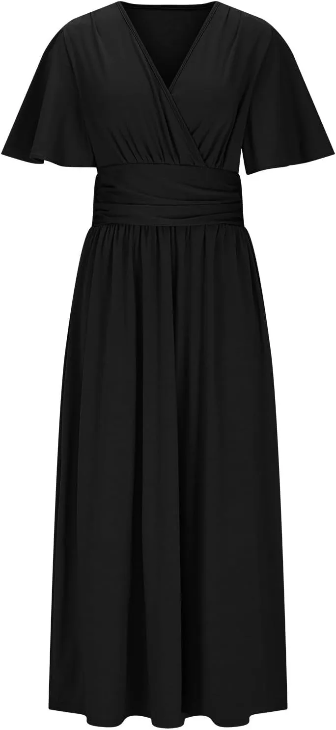 Elegant Dresses for Women Summer Casual Short Sleeve Ruched Wrap V Neck Empired Waist Pleated Side Split Midi Dresses