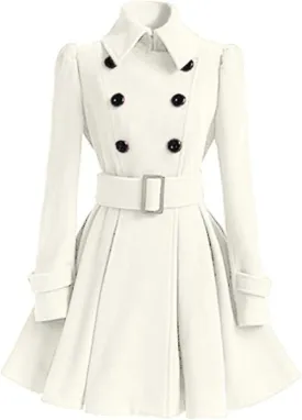 Fashion Swing Double Breasted Wool Pea Coat with Belt Thick Wool Trench Coat Jacket