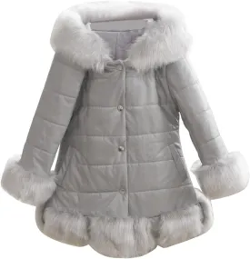 Girls Faux Fur Jacket Kids Leather Jacket with Fur Trim Toddler Long Winter Coat Hooded Dress Coat Thicken Overcoat