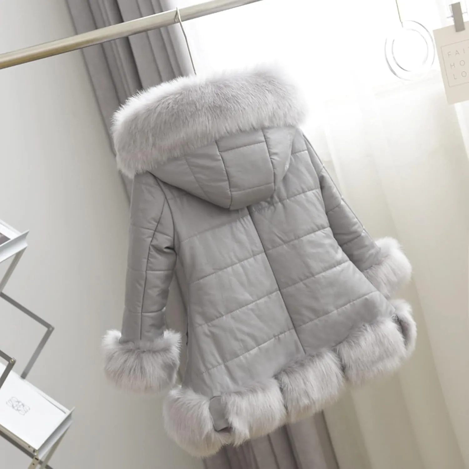 Girls Faux Fur Jacket Kids Leather Jacket with Fur Trim Toddler Long Winter Coat Hooded Dress Coat Thicken Overcoat