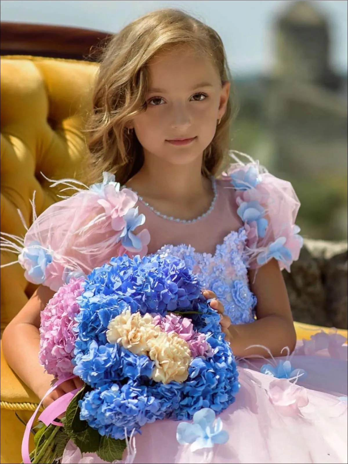 Girls Pink Puffy Sleeve Flower Applique Tulle Flower Girl Communion Gown