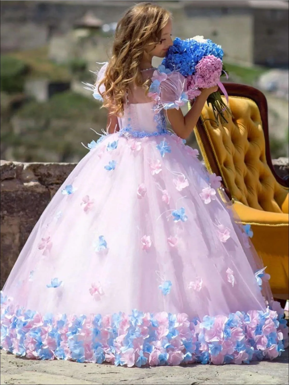 Girls Pink Puffy Sleeve Flower Applique Tulle Flower Girl Communion Gown