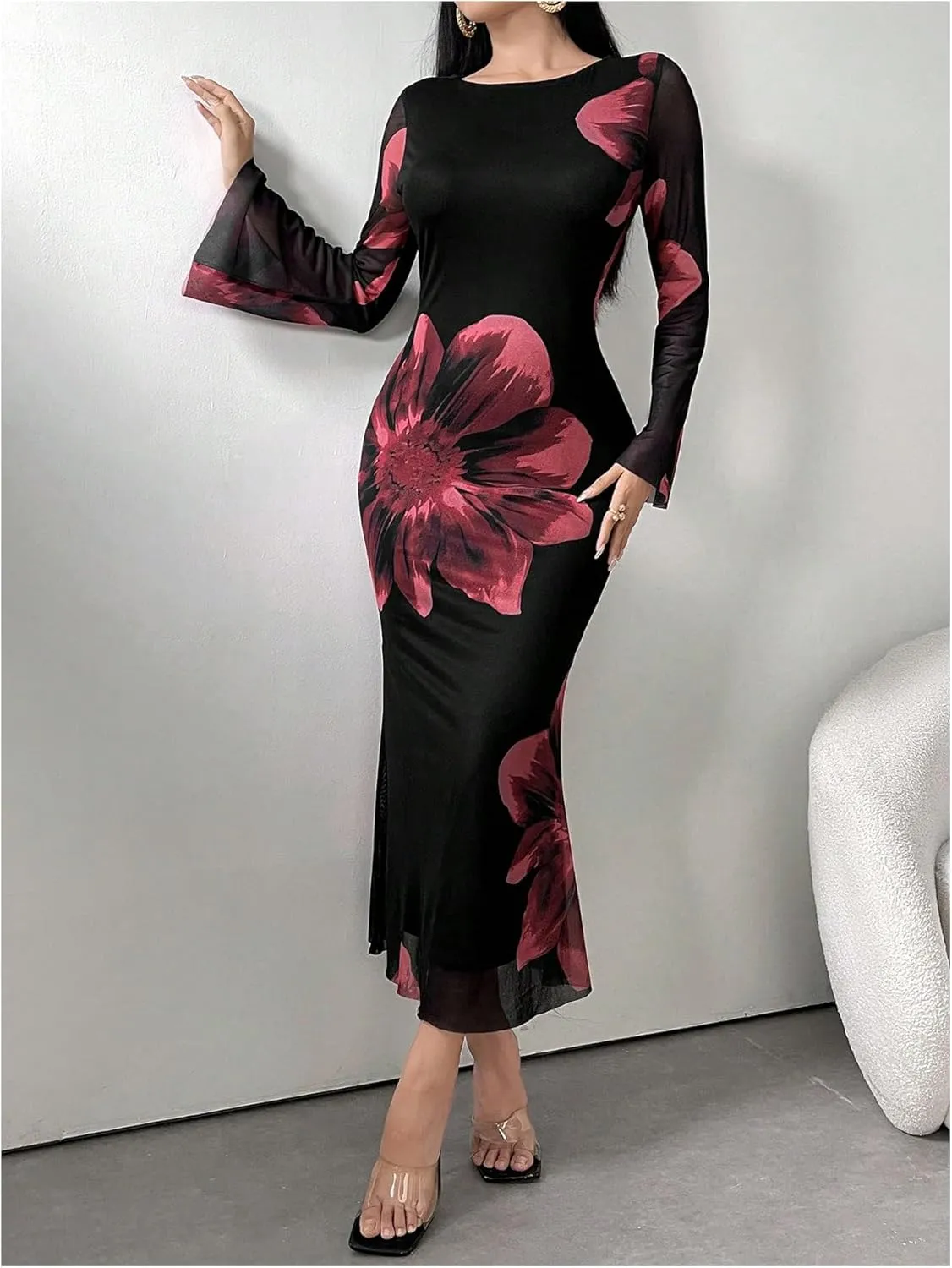 GORGLITTER Women's Floral Print Bodycon Midi Dress Long Sleeve Round Neck Fishtail Dress Party Long Dress