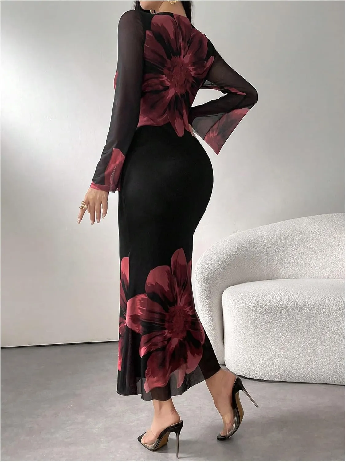 GORGLITTER Women's Floral Print Bodycon Midi Dress Long Sleeve Round Neck Fishtail Dress Party Long Dress