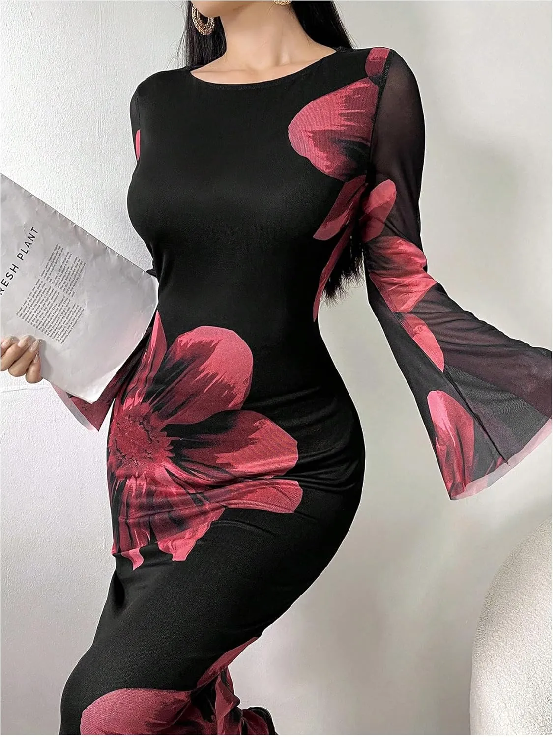 GORGLITTER Women's Floral Print Bodycon Midi Dress Long Sleeve Round Neck Fishtail Dress Party Long Dress