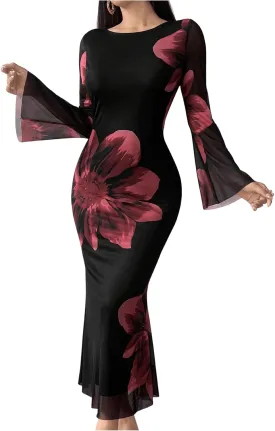 GORGLITTER Women's Floral Print Bodycon Midi Dress Long Sleeve Round Neck Fishtail Dress Party Long Dress
