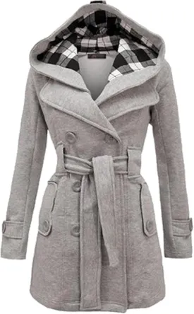 GRASWE Women's Winter Double Breasted Plaid Pea Coat Mid Long Outwear Coat with Hood