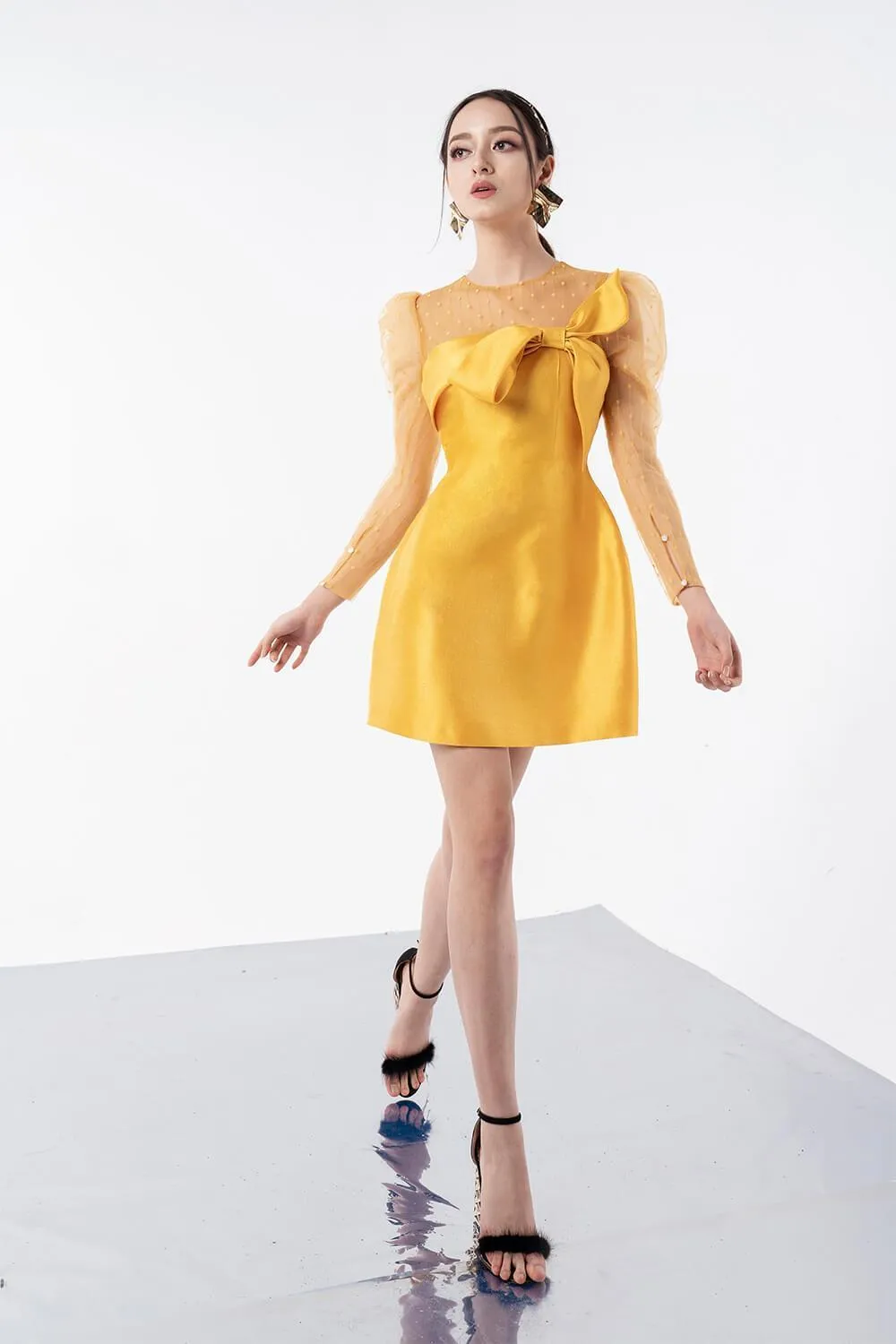 Headey A-line Jewel Neck Mesh Taffeta Mini Dress