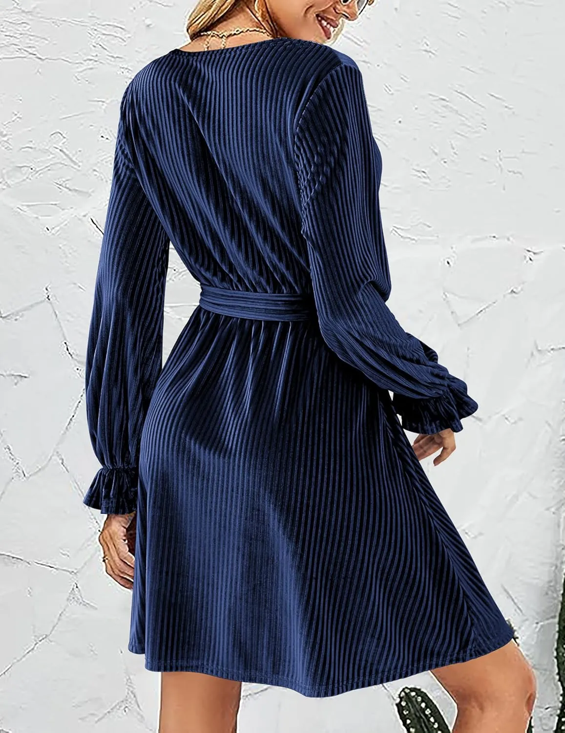 HOTOUCH Women's Velvet Dress Wrap V Neck Flared Dress Long Lantern Sleeve Dresses with Belt Cocktail Party Dress