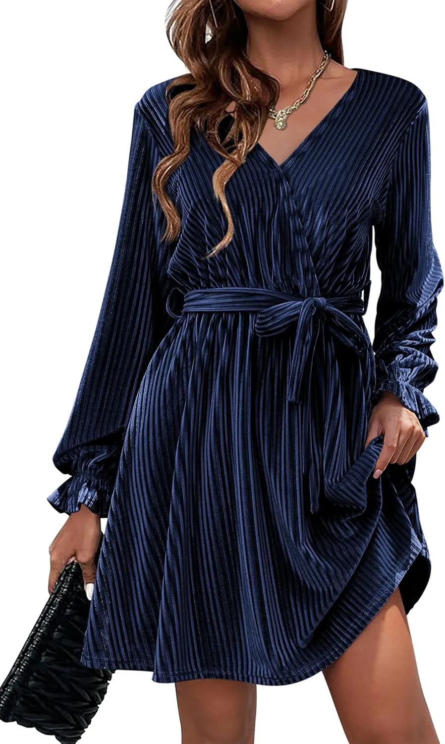 HOTOUCH Women's Velvet Dress Wrap V Neck Flared Dress Long Lantern Sleeve Dresses with Belt Cocktail Party Dress