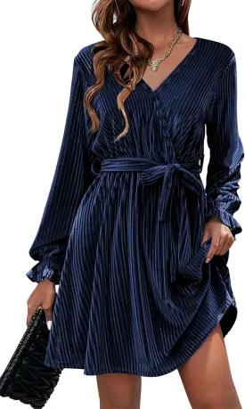 HOTOUCH Women's Velvet Dress Wrap V Neck Flared Dress Long Lantern Sleeve Dresses with Belt Cocktail Party Dress