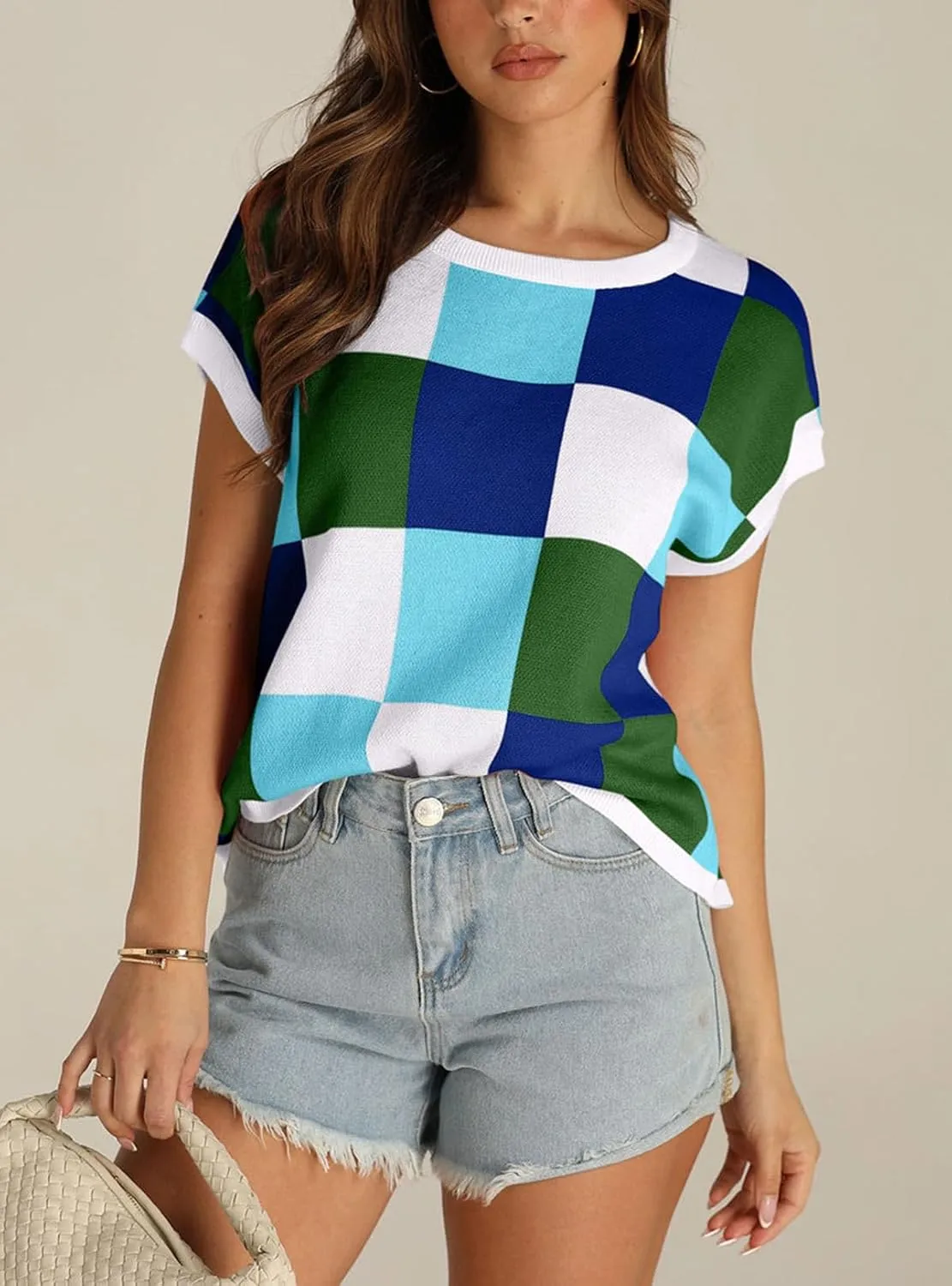 IRISGOD Womens Cap Sleeve Knit Tops Summer Short Sleeve Sweater Vest Color Block Crop T-Shirts