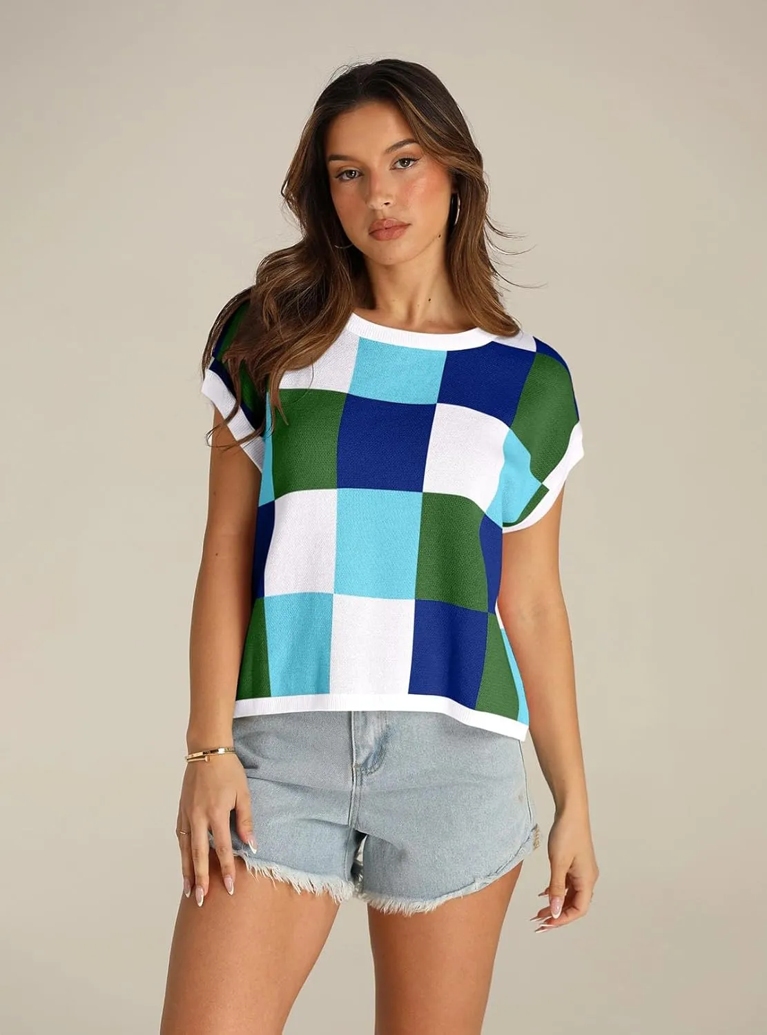 IRISGOD Womens Cap Sleeve Knit Tops Summer Short Sleeve Sweater Vest Color Block Crop T-Shirts