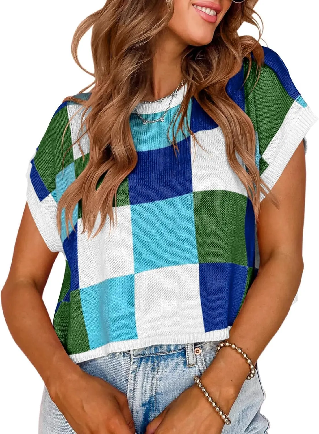 IRISGOD Womens Cap Sleeve Knit Tops Summer Short Sleeve Sweater Vest Color Block Crop T-Shirts