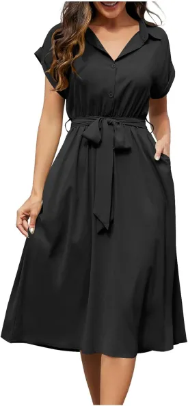 JOAU Womens Summer Beach 2025 Casual Midi Dresses V Neck Collared Short Sleeve Button Down Shirt Belted Dress with Pockets
