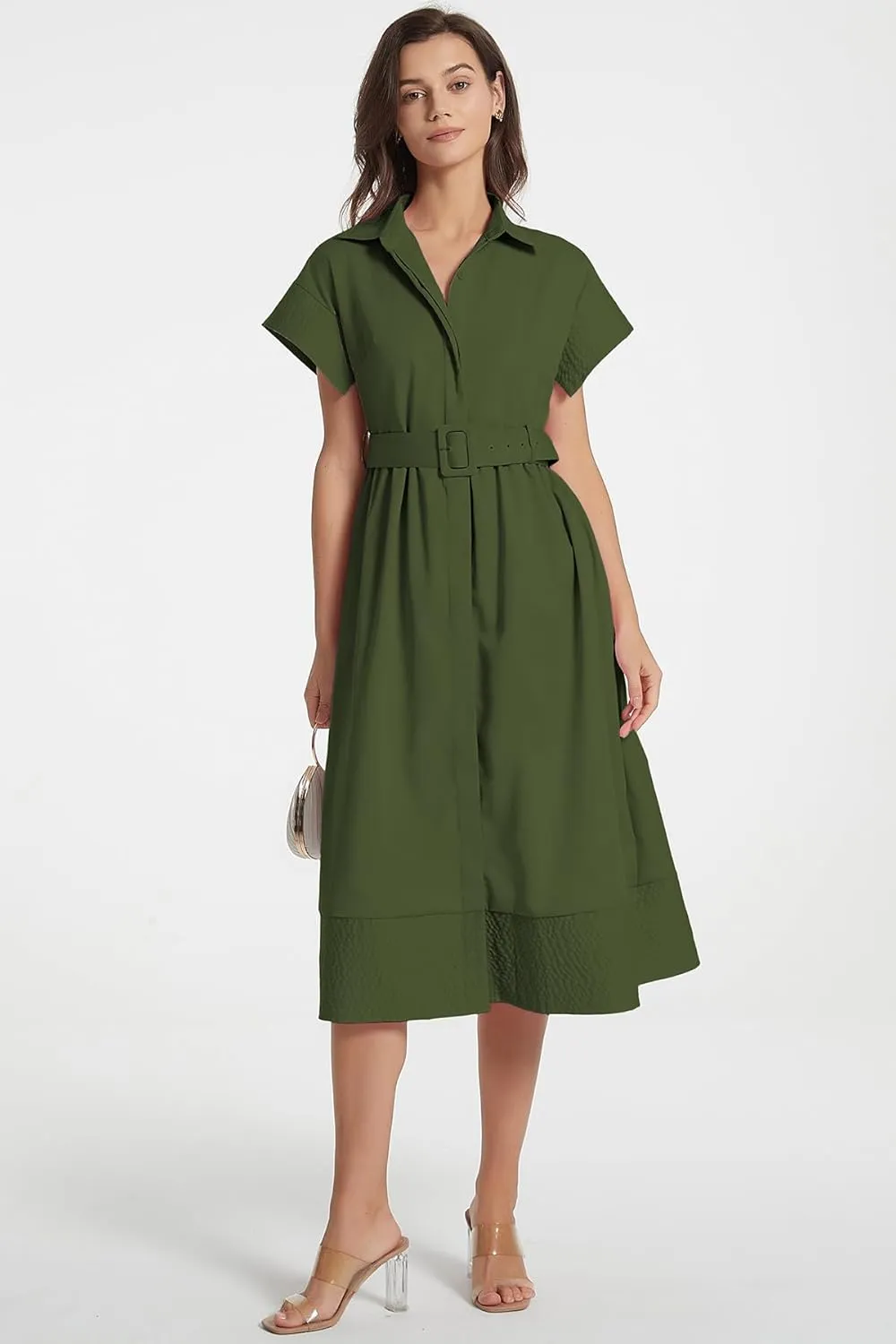 Ladyful Women Casual Button Down Shirt Dress Short Wing Sleeve Buiness Midi Shirt Dress with Belt Elegant Dress