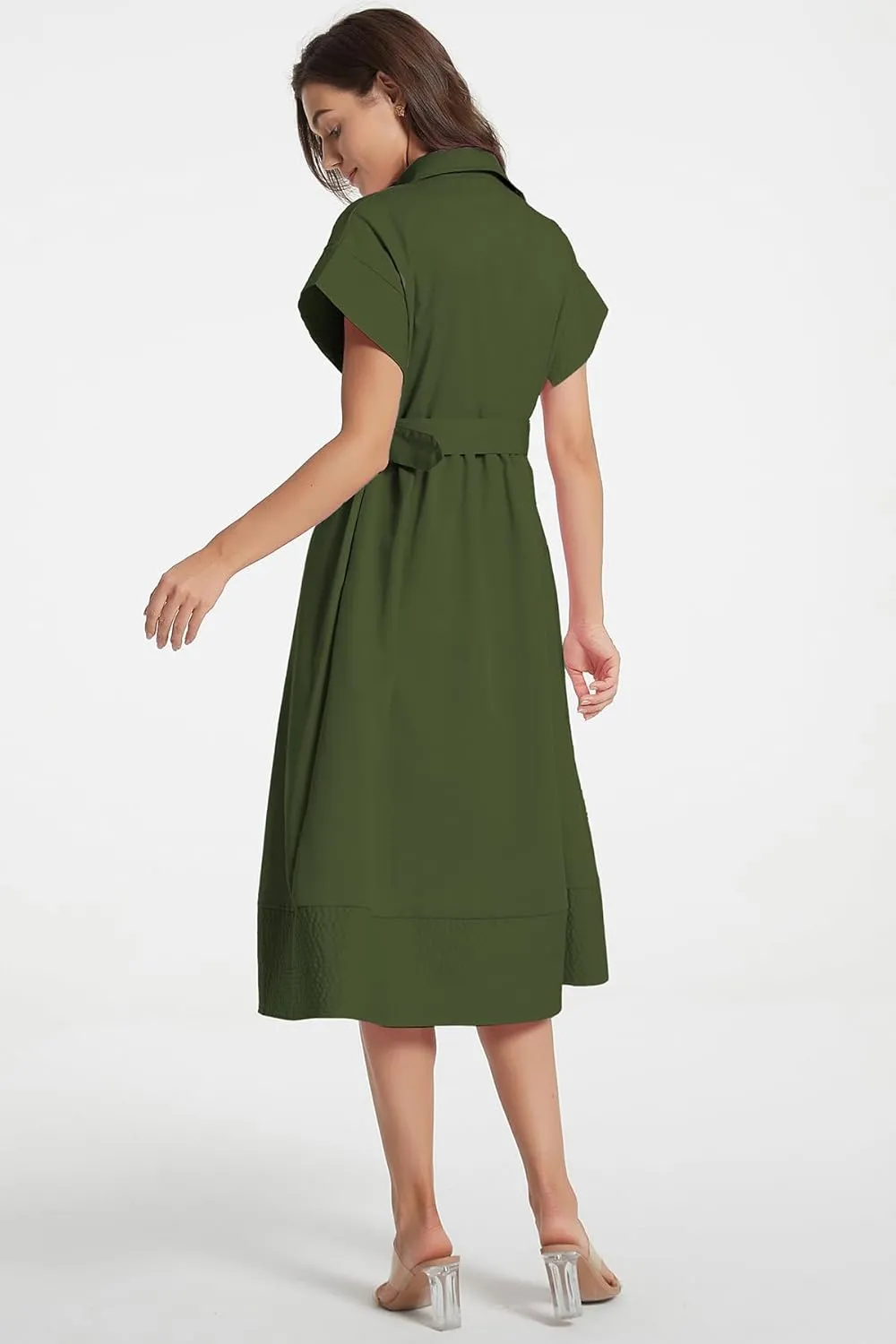 Ladyful Women Casual Button Down Shirt Dress Short Wing Sleeve Buiness Midi Shirt Dress with Belt Elegant Dress