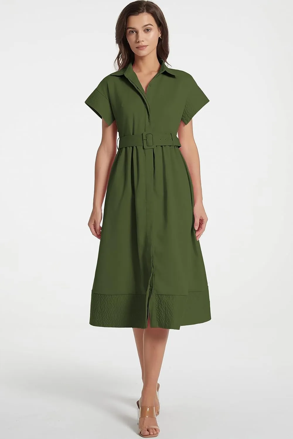 Ladyful Women Casual Button Down Shirt Dress Short Wing Sleeve Buiness Midi Shirt Dress with Belt Elegant Dress