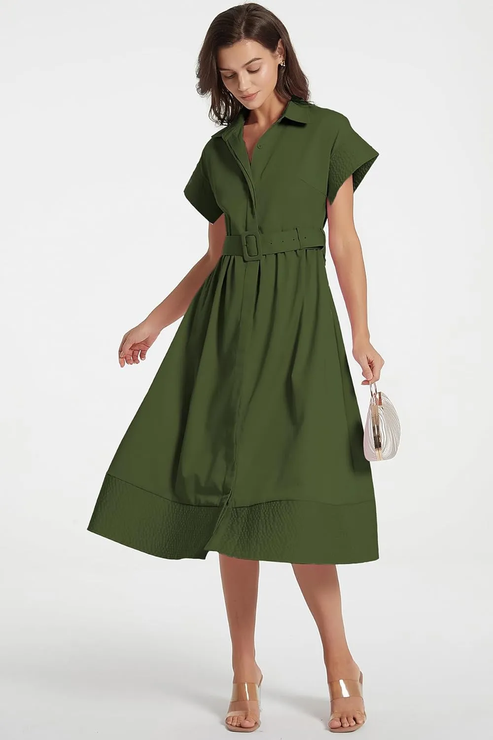 Ladyful Women Casual Button Down Shirt Dress Short Wing Sleeve Buiness Midi Shirt Dress with Belt Elegant Dress